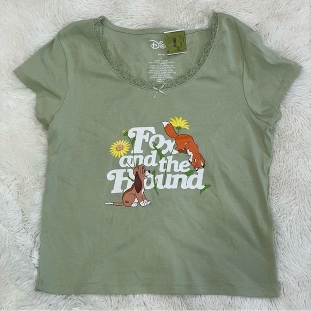 NWT 🦊 Disney Fox & the Hound Light Green Cute Cropped Baby Tee, Juniors L